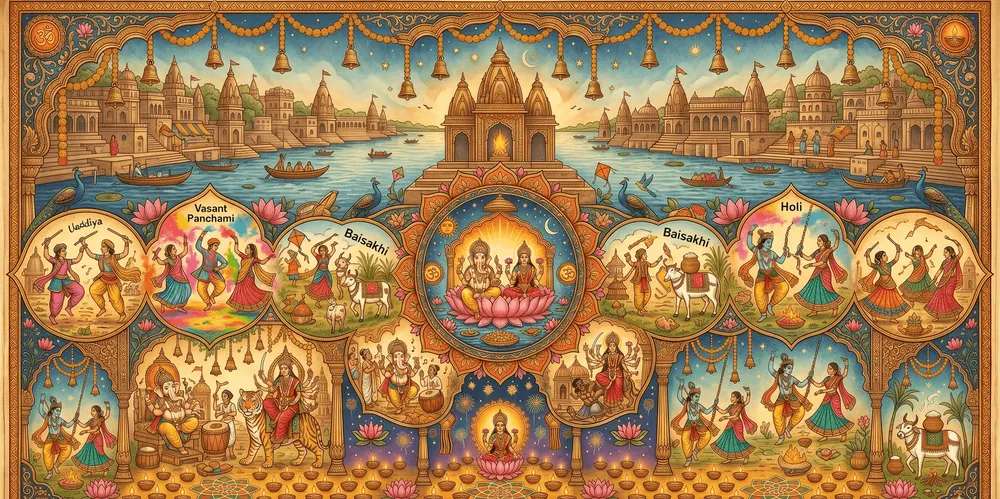 A painted tapestry of Hindu festivals along a riverbank