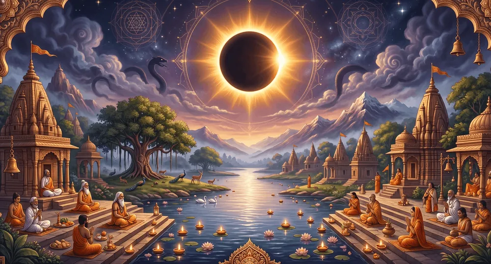 A solar eclipse over riverside temples