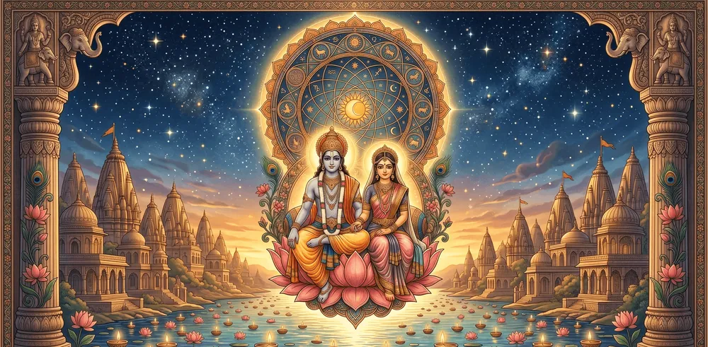 A divine couple seated on a lotus before a temple city