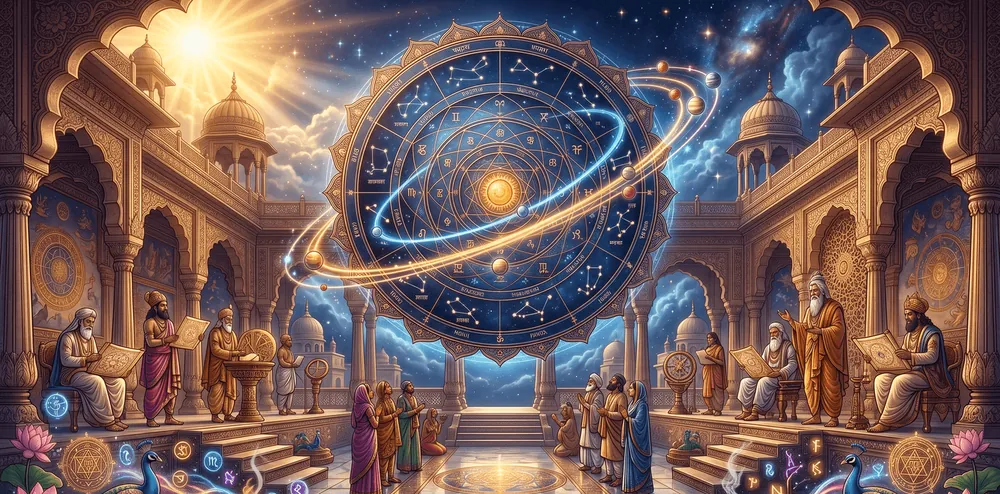 Sages studying the planets in a palace courtyard
