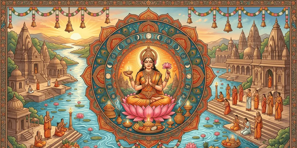 A goddess on a lotus in a mandala beside riverside temples