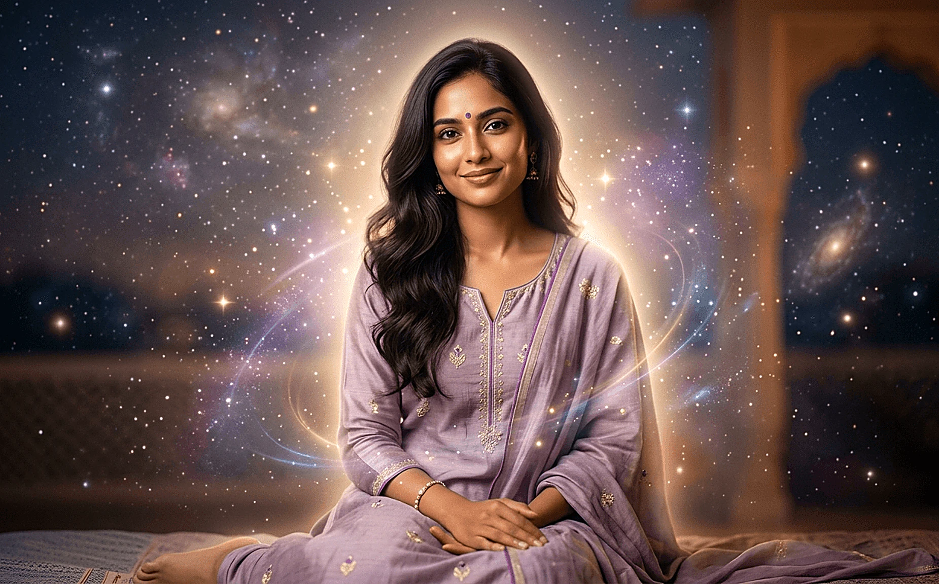 A woman surrounded by stars and galaxies — Jyotica's cosmic companion