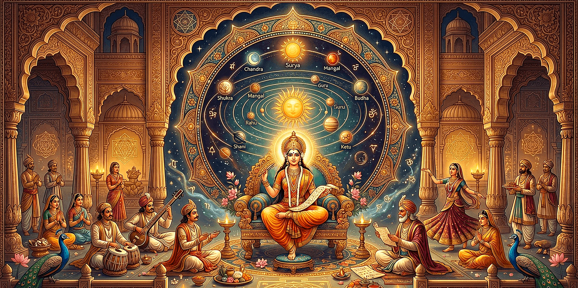 Illustration of the nine planets around a deity