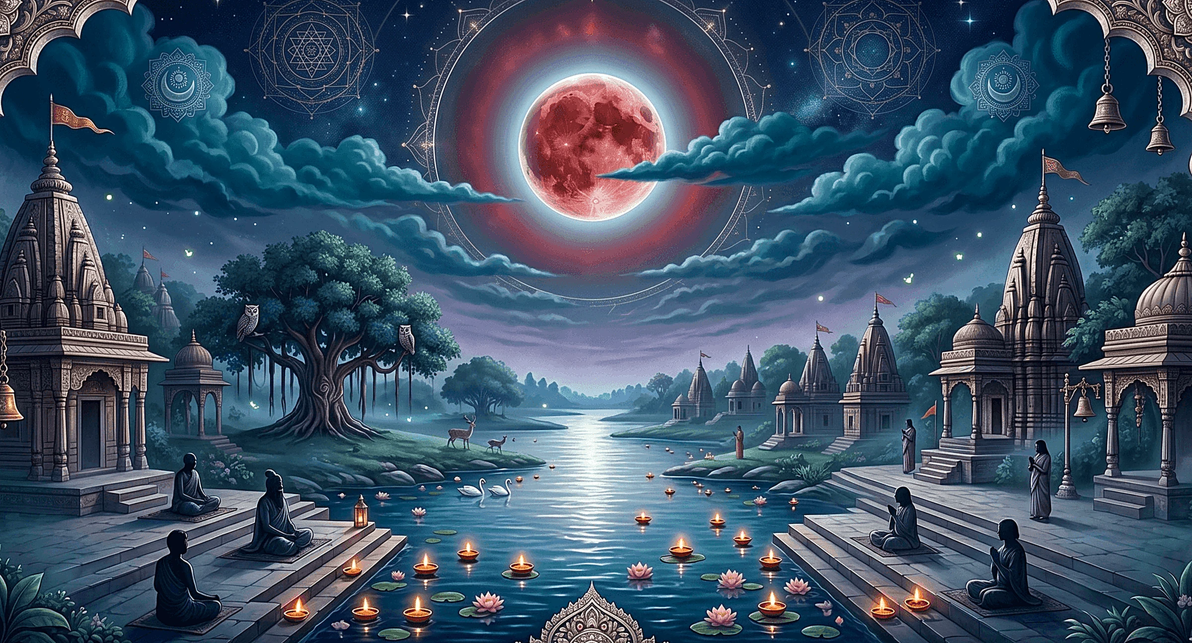 A red blood moon over riverside temples