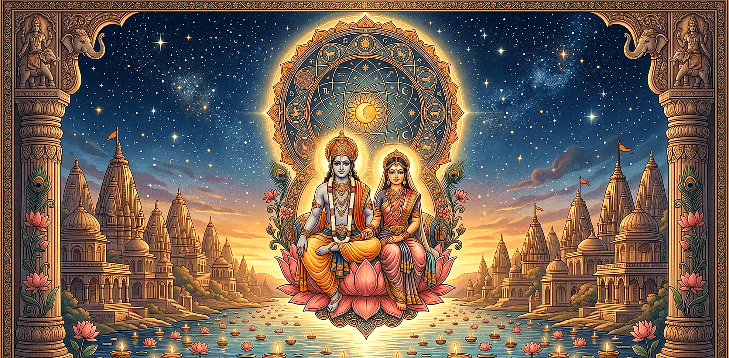 A divine couple seated on a lotus beneath a zodiac wheel