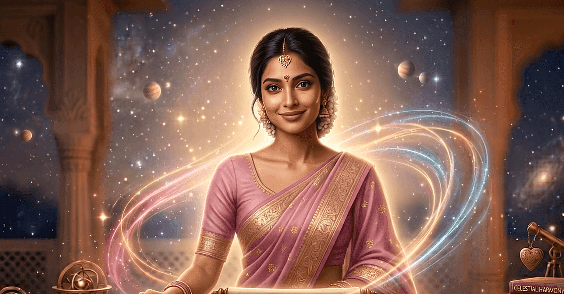 A celestial guide surrounded by orbiting light