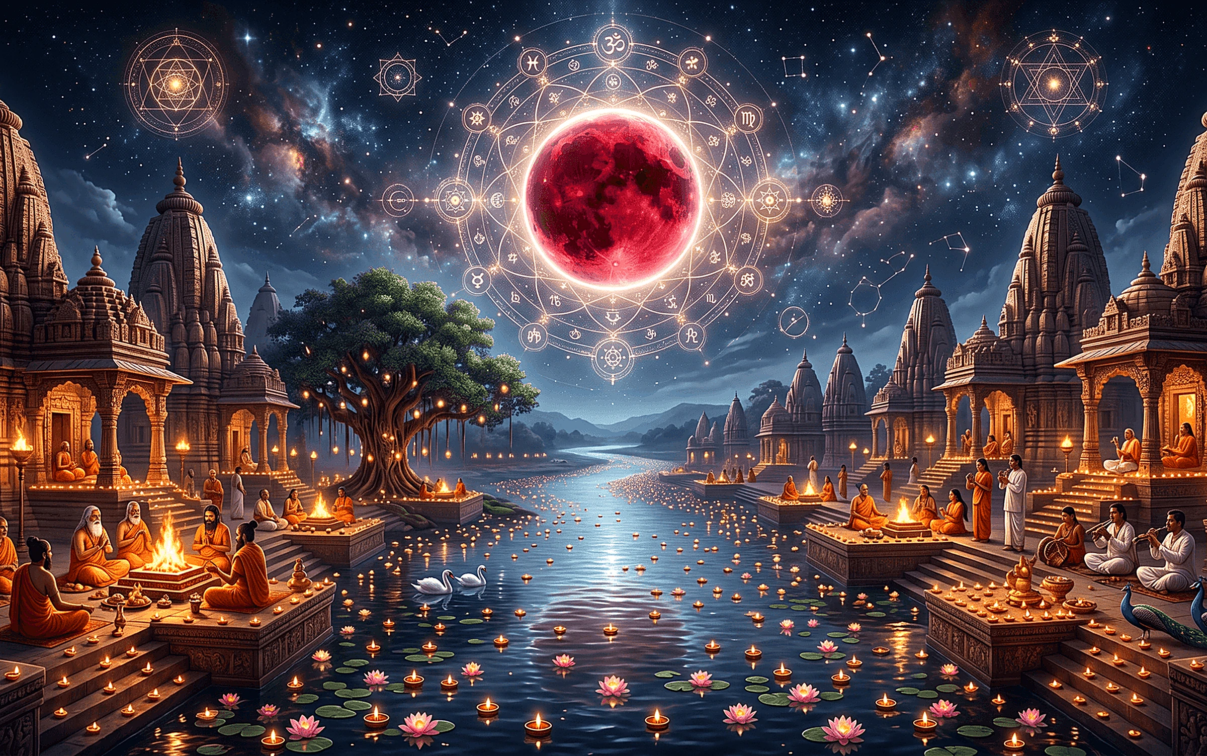 Riverside temples lit for a full-moon ceremony