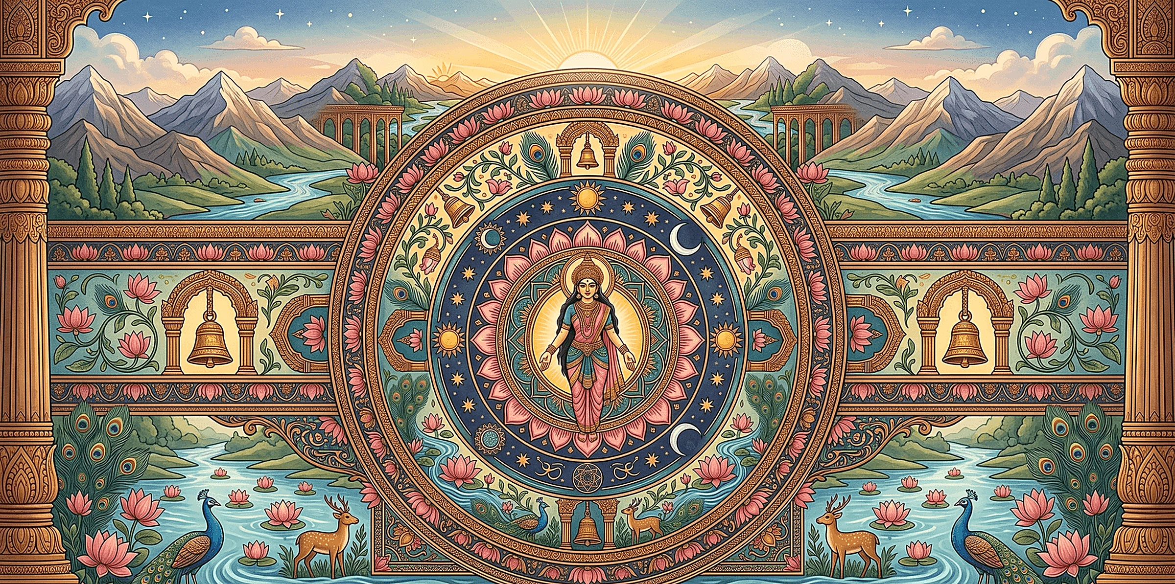 Ornate mandala almanac over a mountain landscape